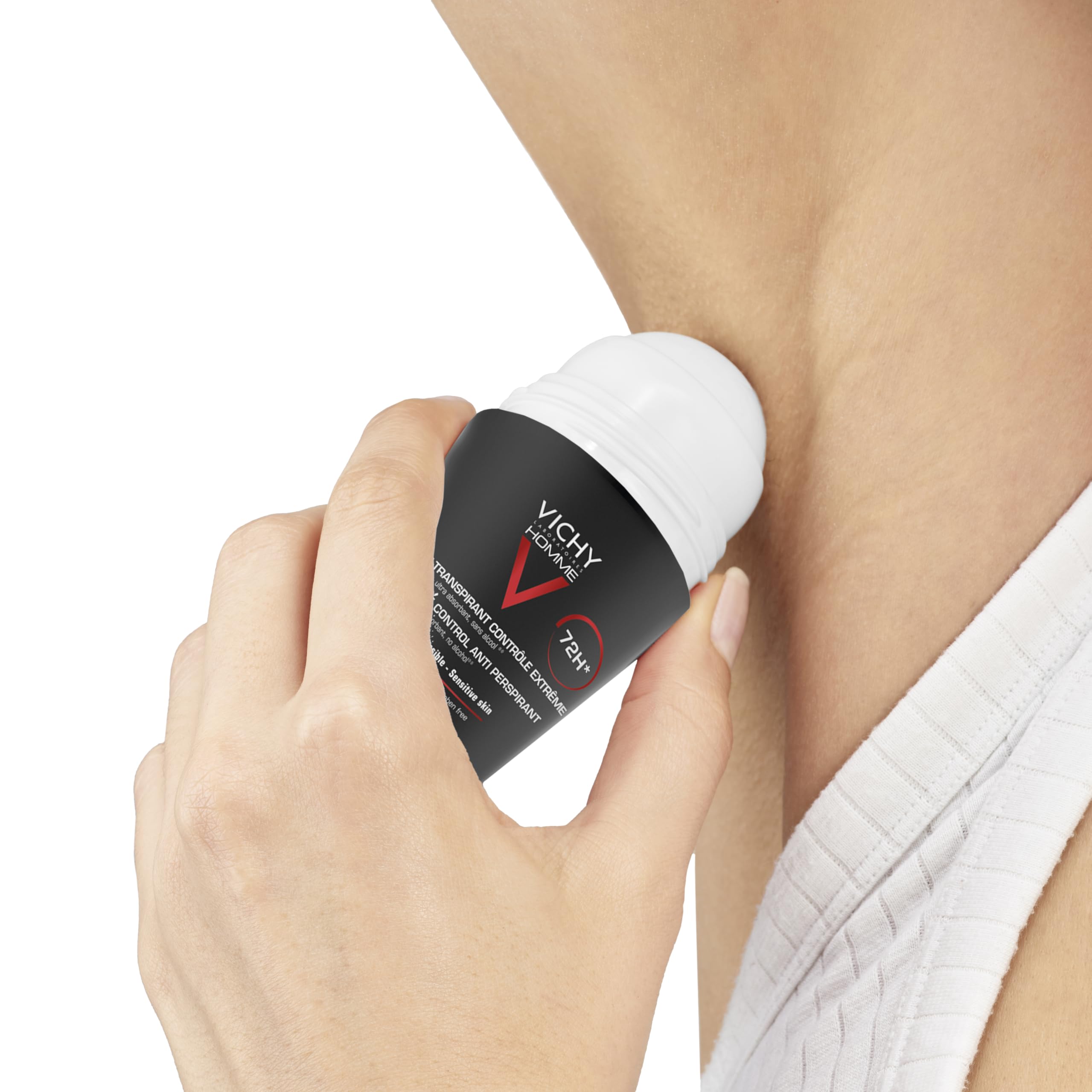 Vichy men's 72-hour antiperspirant roll-on applied underarm for long-lasting freshness