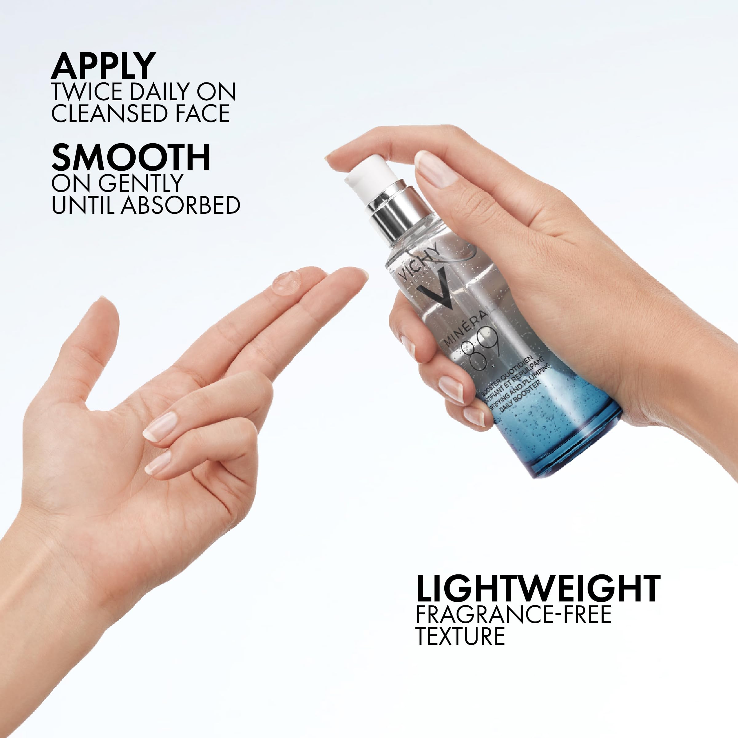 Vichy Mineral 89 daily booster UAE being applied to a hand, showing its lightweight, fragrance-free formula