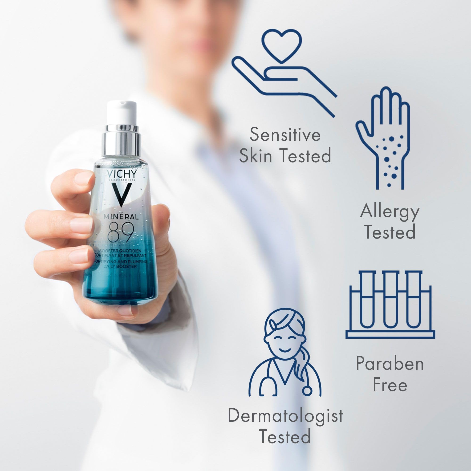 Vichy Mineral 89 daily booster UAE in hand, showcasing sensitive skin tested and dermatologist approved features