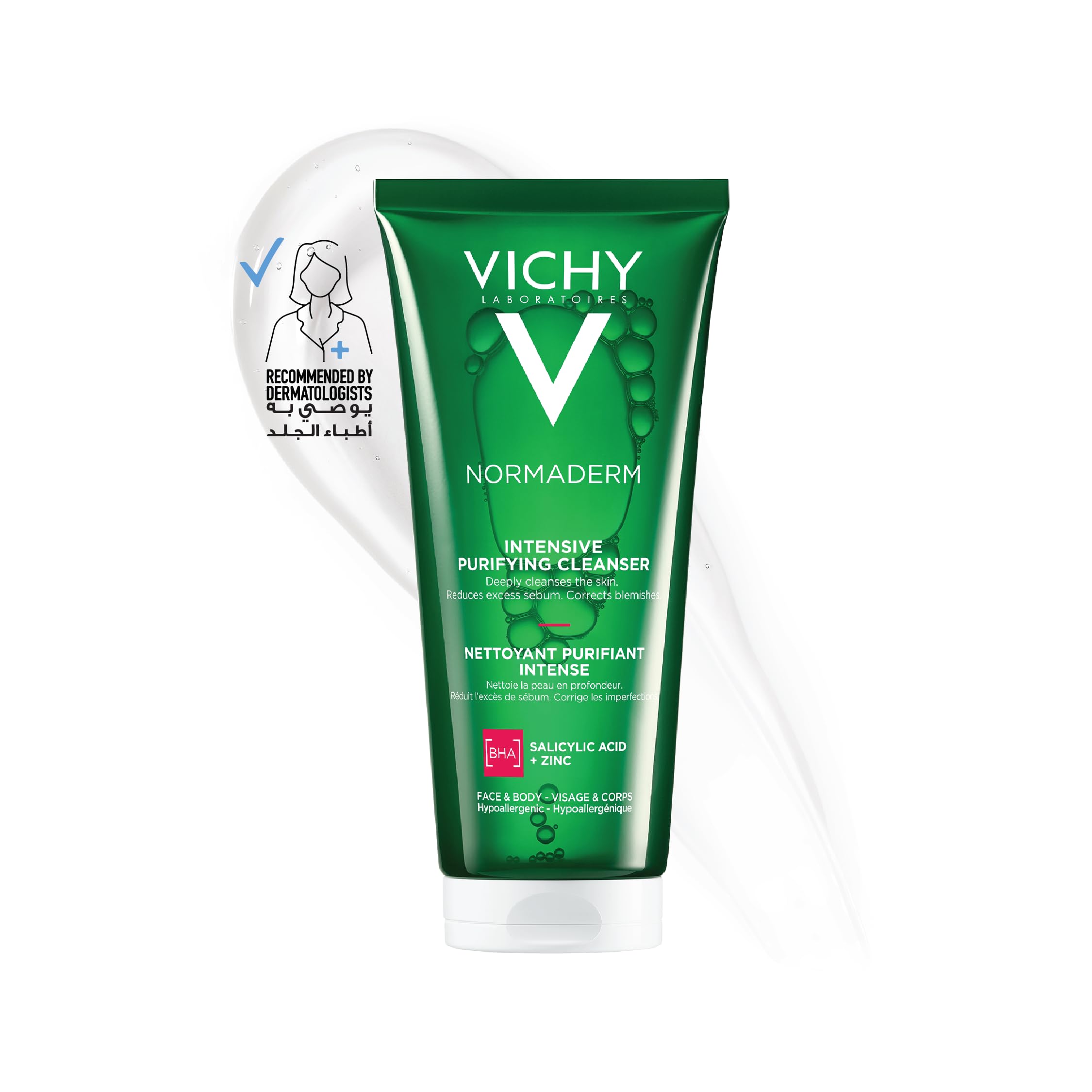 Vichy Normaderm acne face wash in a green tube, designed for intensive purifying cleansing of acne-prone skin