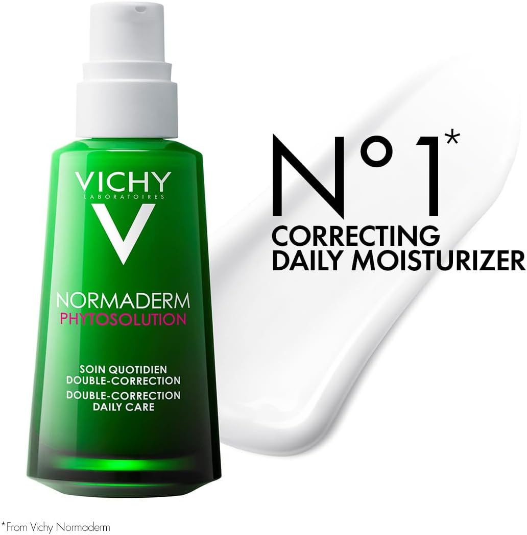 Vichy Phytosolution Dual Moisturizer for oily skin in a green bottle with white cream swatch