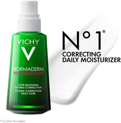 Vichy Phytosolution Dual Moisturizer for oily skin in a green bottle with white cream swatch
