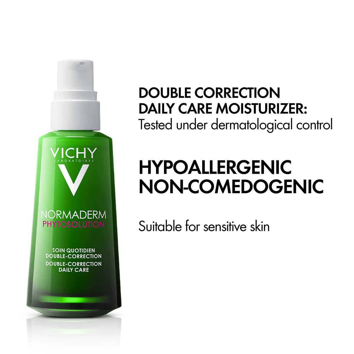 Vichy Phytosolution Dual Moisturizer for oily skin in green bottle with pump dispenser, suitable for sensitive skin