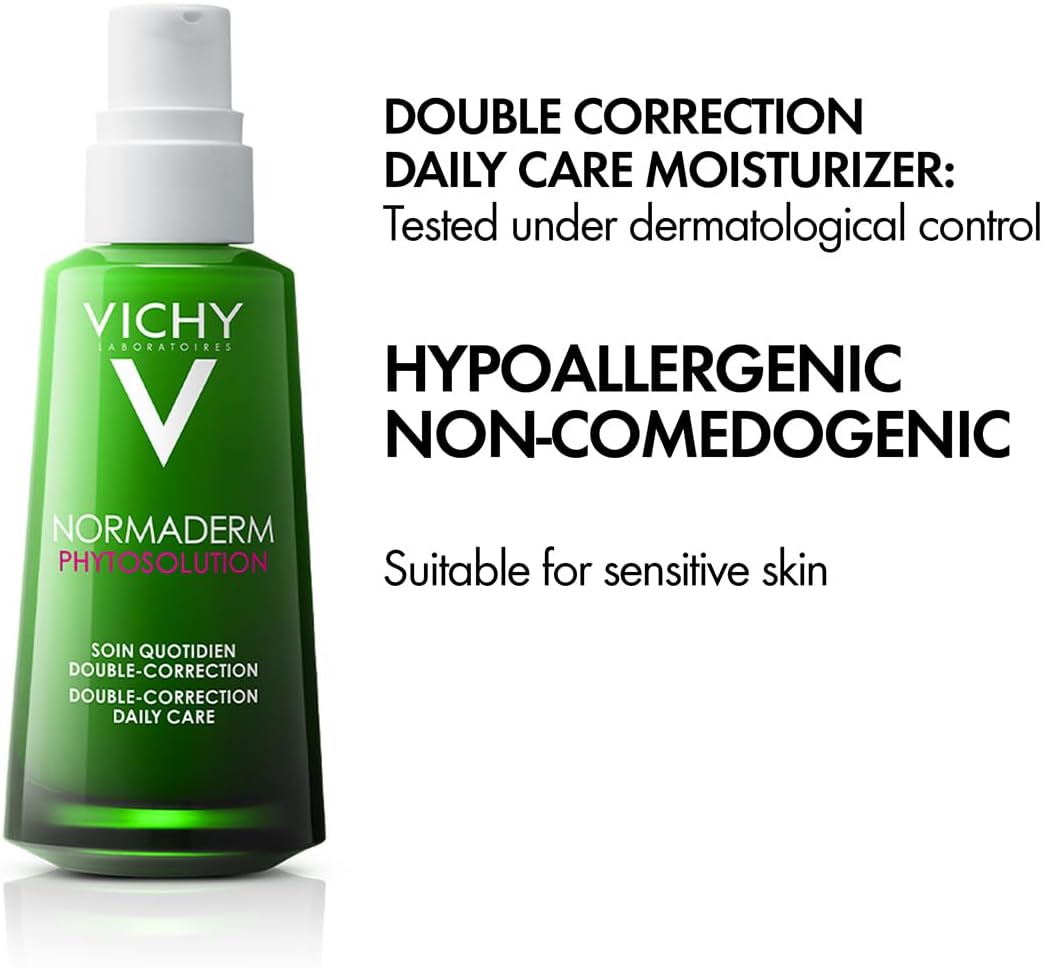 Vichy Phytosolution Dual Moisturizer for oily skin in a green bottle with a pump for easy application