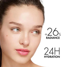 Face close-up showing hydration with text +26% radiance and 24H hydration