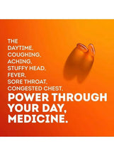 Daytime cold and flu relief medicine capsule pair on orange promo card