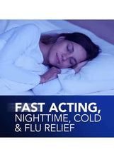 Sleeping person with promo text reading fast acting nighttime cold and flu relief