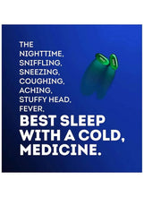 Nighttime cold and flu relief medicine capsule pair on blue promo card