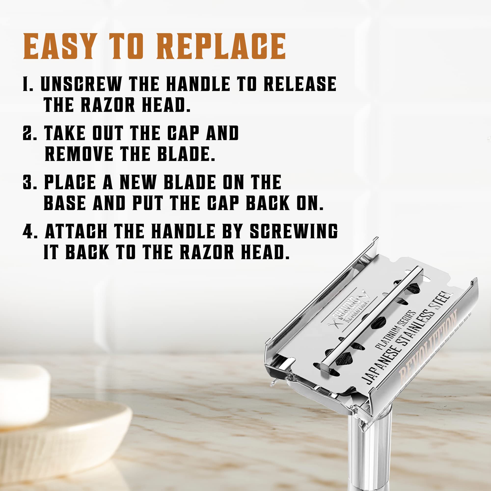 SHAVING REVOLUTION safety razor open showing blade replacement steps with double edge razor blades for men