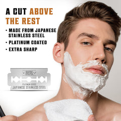 Shaving Revolution man applying cream with razor and blade graphic, double edge razor blades for men highlighted