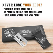 Platinum series 50 count double-edge razor blades in wax paper sleeves