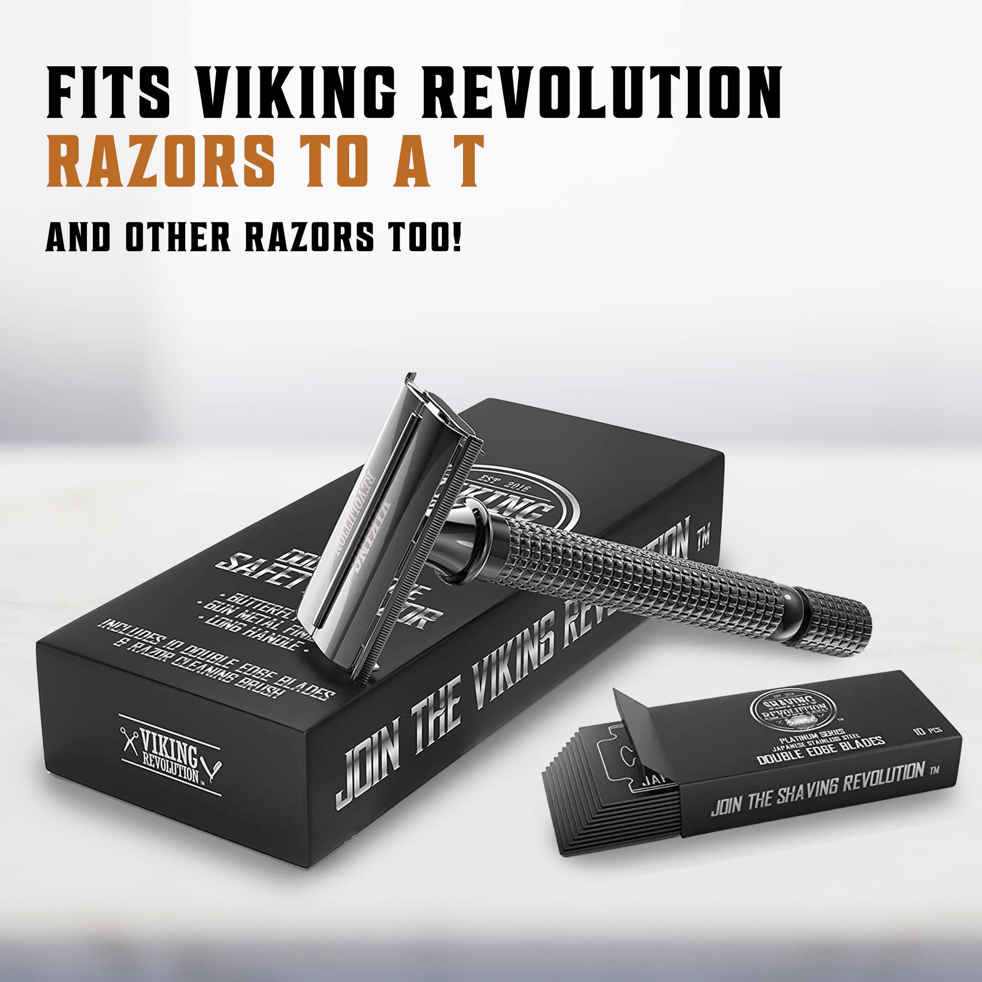 SHAVING REVOLUTION stainless safety razor and boxes with double edge razor blades for men displayed