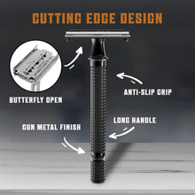Butterfly open double edge safety razor with long anti-slip handle