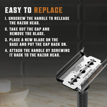 Double edge safety razor with butterfly open head and unscrewed handle showing blade area