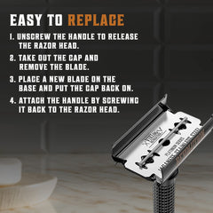 SHAVING REVOLUTION open double edge safety razor for men showing blade replacement steps and textured handle