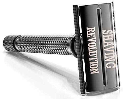 SHAVING REVOLUTION chrome double edge safety razor for men with knurled metal handle and engraved brand name