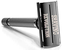 Double edge safety razor with textured grip handle and butterfly-open metal head