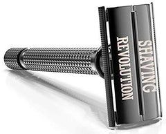 SHAVING REVOLUTION chrome double edge safety razor for men with knurled metal handle and engraved brand name
