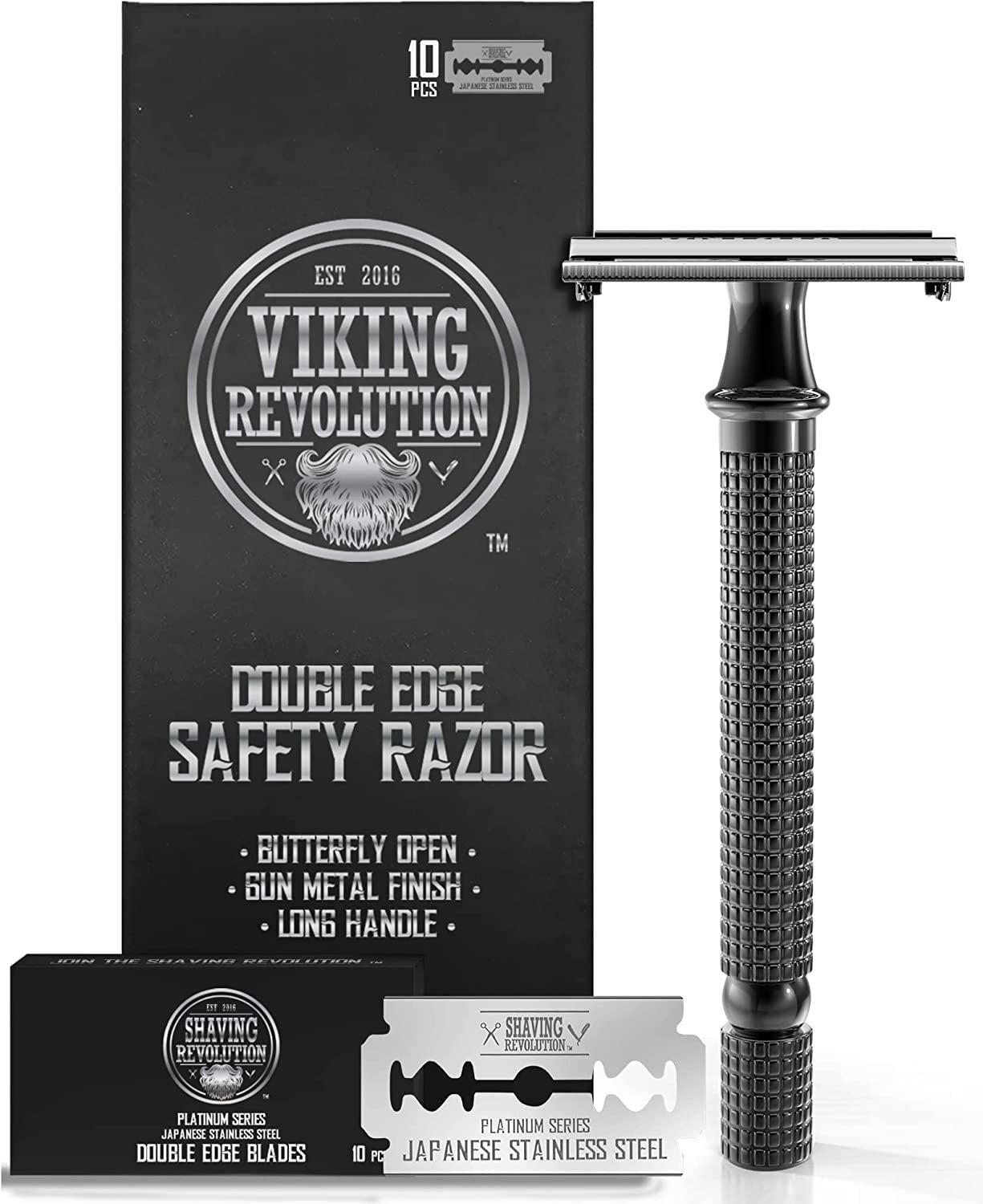 SHAVING REVOLUTION gun metal textured double edge safety razor for men with long handle and blades