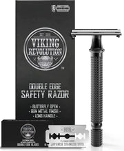 Double edge safety razor with textured metal handle, butterfly-open head, and 10 blades