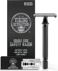 SHAVING REVOLUTION gun metal textured double edge safety razor for men with long handle and blades