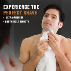 SHAVING REVOLUTION image of man drying his face in mirror after shave with double edge safety razor for men
