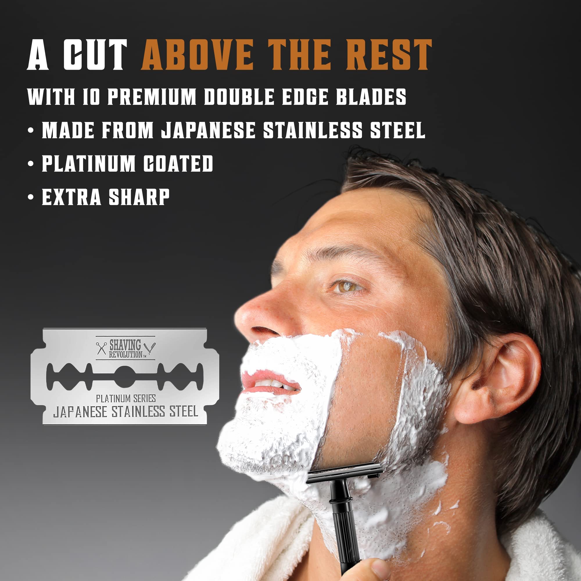 Shaving Revolution man shaving with foam using double edge safety razor for men and razor blade pack
