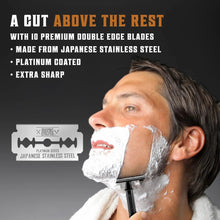 Man shaving with lather on face while holding a double edge safety razor