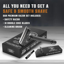 Shaving razor set with double edge safety razor, 10 blades, and cleaning brush