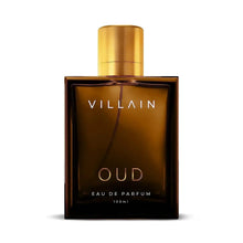 Oud eau de parfum bottle with gold cap and dark amber glass, in matching box