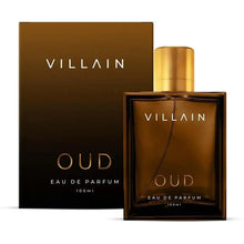 Oud eau de parfum bottle with gold cap and matching box set, front-facing