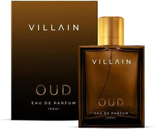 Gold-capped Oud eau de parfum bottle with dark box set, angled product view