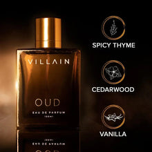 Oud eau de parfum bottle with gold cap and circular ingredient icons