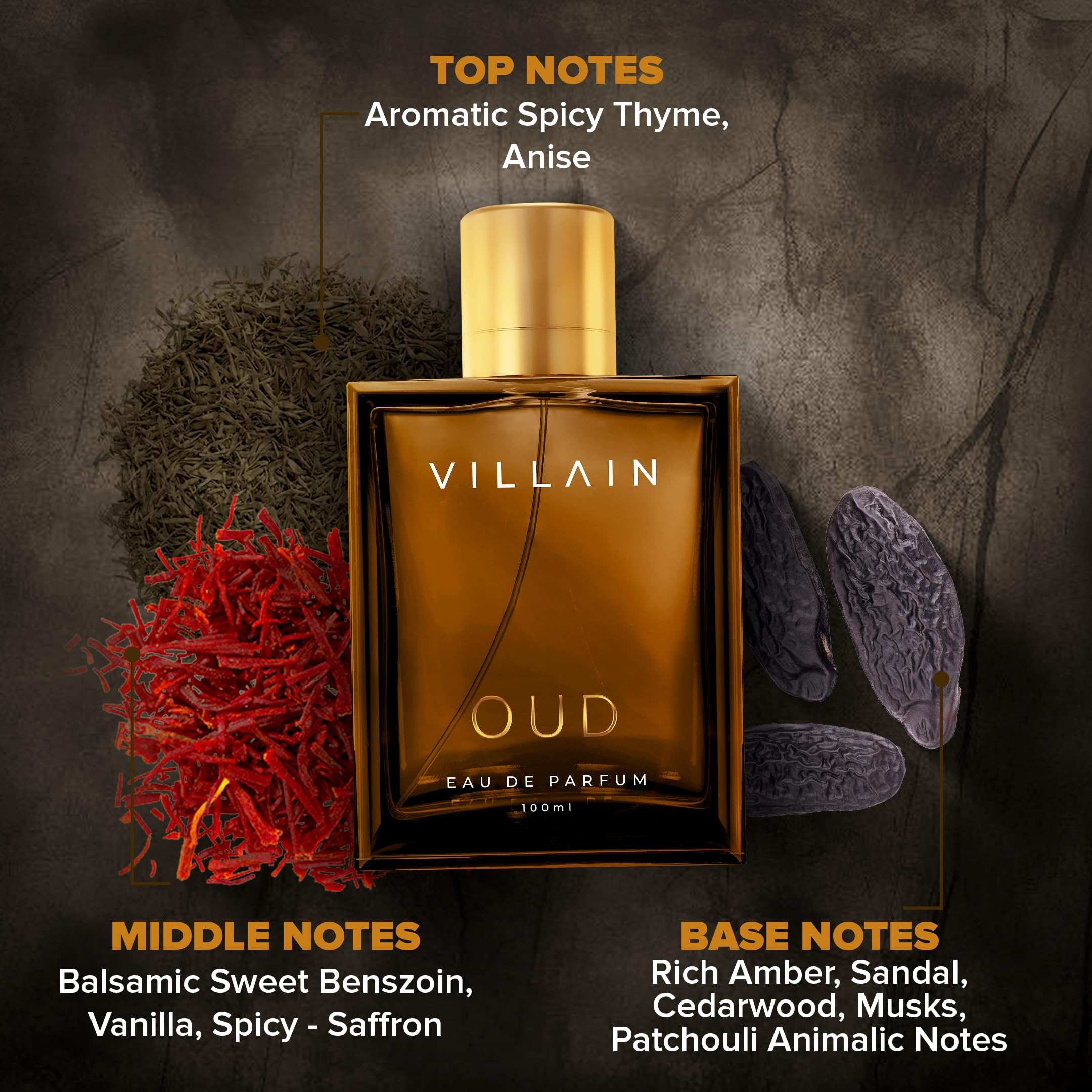 VILLAIN oud perfume for men in amber bottle with spices and aromatic ingredients background