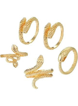 Gold-tone snake rings set, five rings with coiled snake designs
