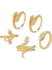 Set of five Huitich vintage gold snake rings with intricate designs for stylish layering
