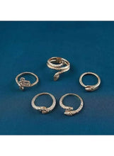 Silver-tone snake ring set with coiled designs, five rings