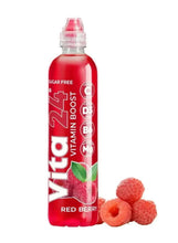 Sugar-free red berry vitamin drink bottle with “Vitamin Boost” label and leaf icon