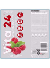 Sugar-free red berry vitamin drink bottle back label with nutrition panel, barcode, 500 ml