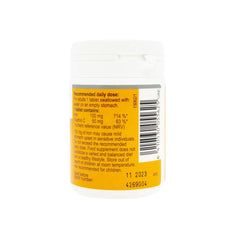 Vitabalans white supplement bottle with yellow back label showing dosage info and barcode iron bisglycinate supplement UAE