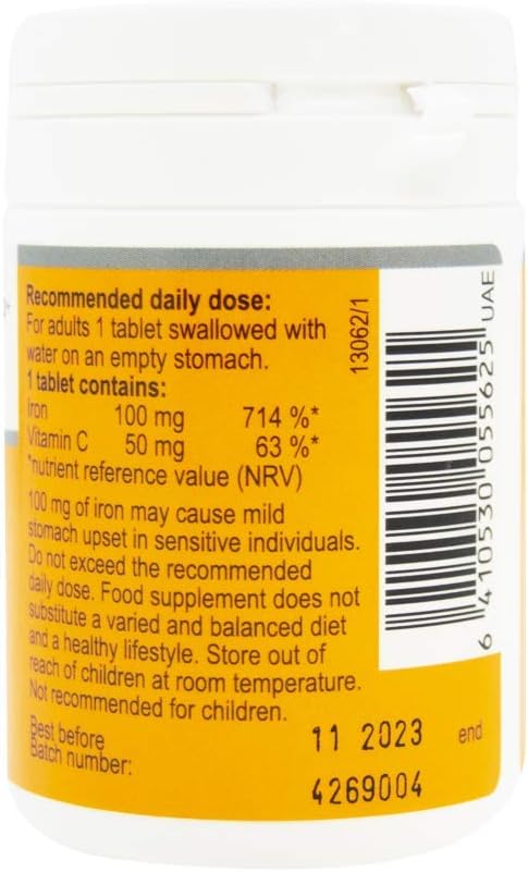 Back of Vitabalans white supplement bottle with yellow dosage label and barcode for iron bisglycinate supplement UAE