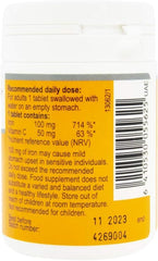 Back of Vitabalans white supplement bottle with yellow dosage label and barcode for iron bisglycinate supplement UAE