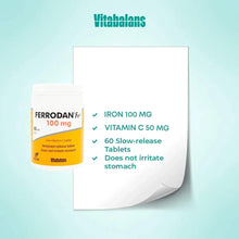 Iron 100 mg and vitamin C 50 mg supplement bottle with information sheet