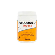 Ferrodan Fe2+ 100 mg iron bisglycinate & vitamin C supplement bottle, 60 tablets
