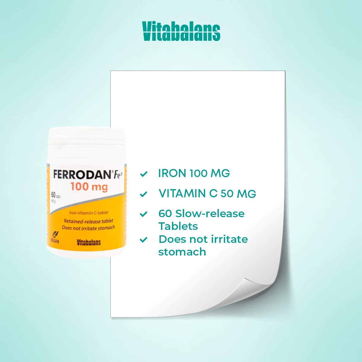 Vitabalans Ferrodan 100mg bottle label iron bisglycinate supplement UAE 60 slow release tablets gentle on stomach