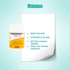 Vitabalans Ferrodan 100mg bottle label iron bisglycinate supplement UAE 60 slow release tablets gentle on stomach