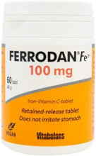 Ferrodan Fe2+ 100 mg iron bisglycinate & vitamin C supplement bottle, front label