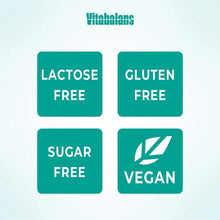 Vegan supplement requirement icons: lactose free, gluten free, sugar free, vegan