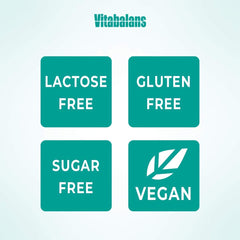 Vitabalans icons showing lactose free gluten free sugar free and vegan badges for iron bisglycinate supplement UAE