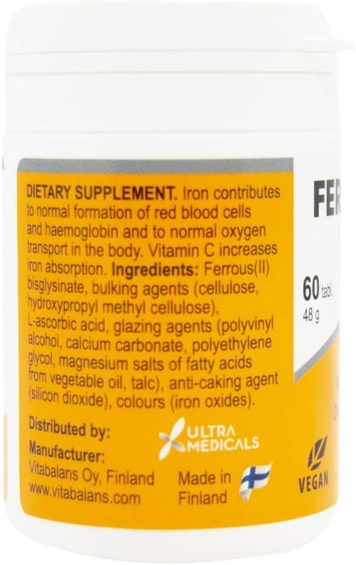 Vitabalans iron bisglycinate supplement UAE white bottle with yellow label 60 tablets vegan made in Finland